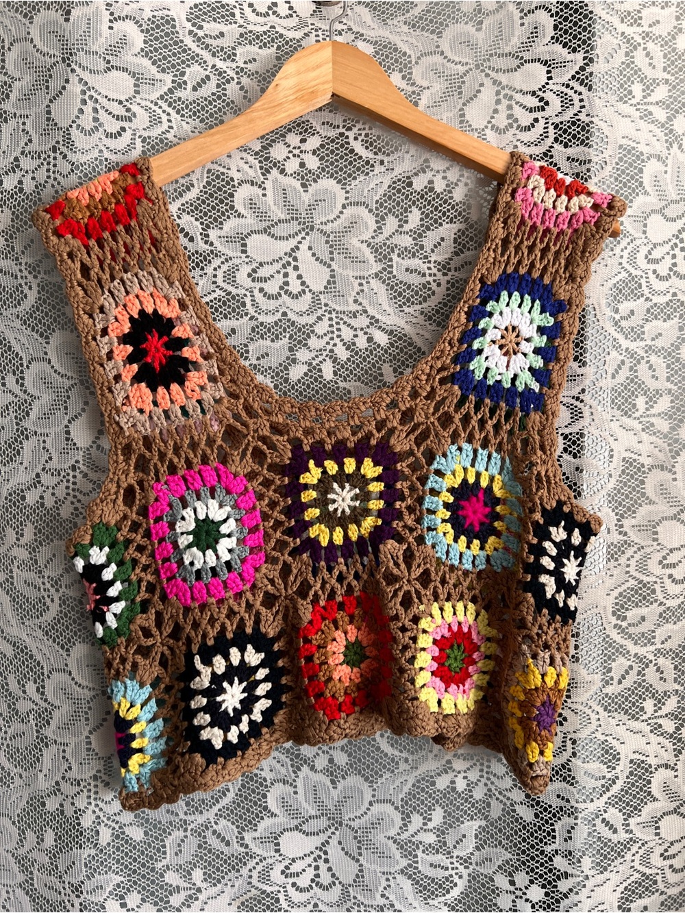 Boho Crochet Brown Multicolor Granny Square Tank Top